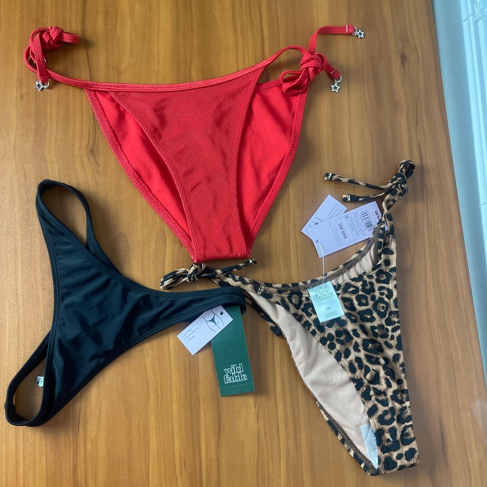 Lot of 3 Wild Fable Bikini Bottom Black Thong Leopard Cheeky Red Star Charm XXS